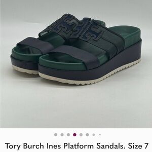 Tory Burch Platform Slide Sandals in Green and Navy